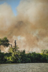 Large clouds of smoke, fire in nature.