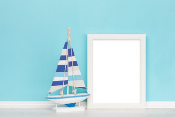 Maritime poster artwork online shop mockup template with white wooden vertical picture frame and...