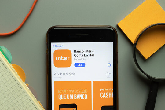New York, USA - 26 October 2020: Banco Inter Conta digital mobile app logo on phone screen close up, Illustrative Editorial