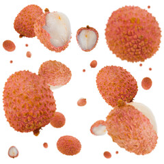 Many lychee fruits free falling on white background. Selective focus - shallow depth of field.