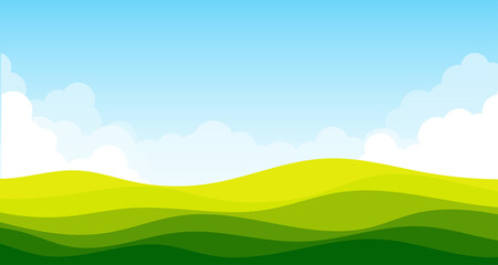 Obraz na płótnie Canvas Green Mountain landscape lawn view with white clouds and blue clear sky background vector illustration.