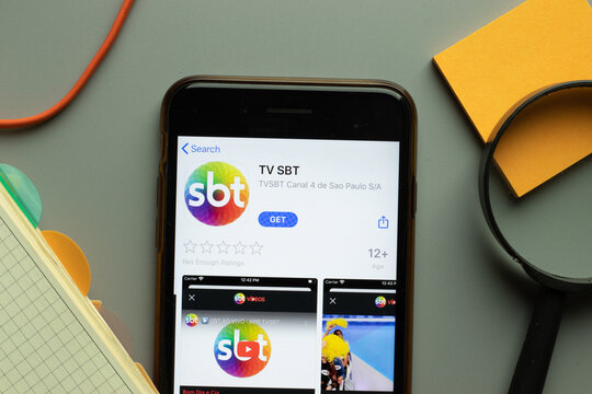 New York, USA - 26 October 2020: TV SBT mobile app logo on phone screen close up, Illustrative Editorial