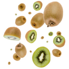 Many free falling kiwi fruits on white background. Selective focus - shallow depth of field.