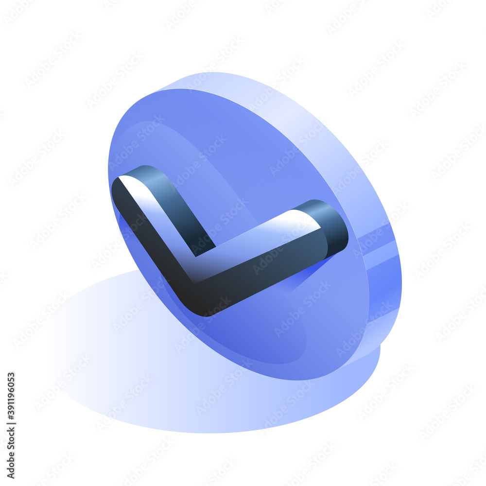 Poster blue checkmark on button icon in isometric view