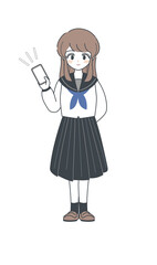 スマートフォンを持つセーラー服の女子学生のイラスト・ベクター