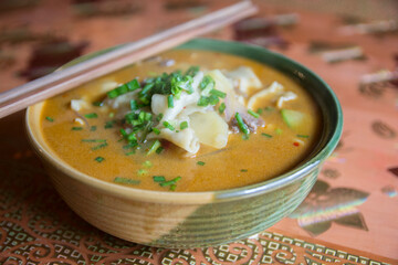 Traditional Tibetan soup, served in a white colorful bowl,  Tagong, Kangding, Garzê Tibetan Autonomous Prefecture, Sichuan, China