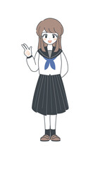 ピースサインの笑顔のセーラー服の女子学生のイラスト・ベクター