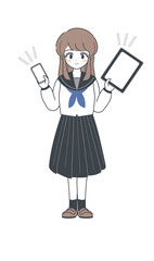 スマートフォンとタブレットPCを持つセーラー服の女子学生のイラスト・ベクター