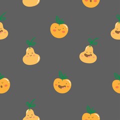 Seamless pattern with cute cartoon pears and apples on  dark background. Funny anthropomorphic fruits. Fruit vector print.