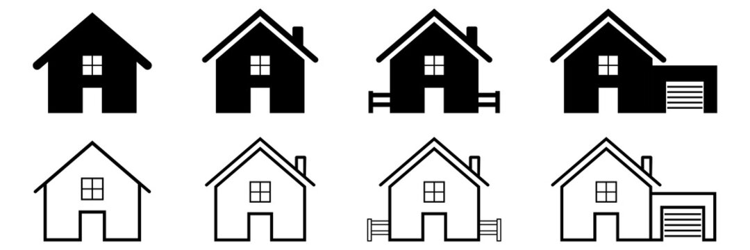 House icons collection on white background. Isolated bold and outline pictogram of home symbol. House silhouette in black color. Set of different property apartment. Vector EPS 10.