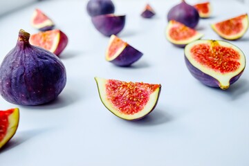 Bright juicy ripe figs on a white background cut into pieces. The concept of healthy food.