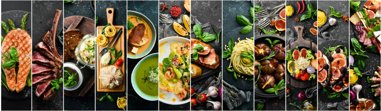 Photo collage. Set of food and dishes on black stone background.