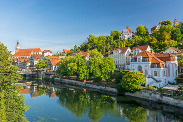 Fototapeta na wymiar Historic villas along the Neckar river in the German city of Tübingen on a sunny day in summer