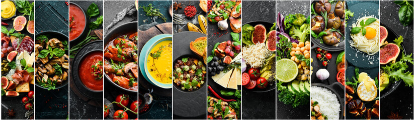 Set of photo dishes. Set of food cuisines of peoples of the world. Dishes and snacks on black stone background.