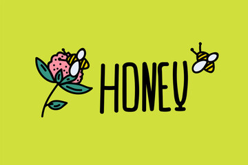 Honey bee logo on a flower with the inscription Honey. The scrawl of the drawn figure to the Bee farm. Illustration in the vector of a flying insect for the honey brand book. Vector illustration