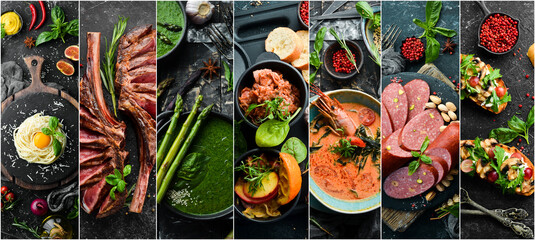 Set of photo dishes. Set of food cuisines of peoples of the world. Dishes and snacks on black stone background.