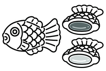 Bungeoppang and inside images. It is a fish-shaped pastry stuffed with sweetened red bean paste. Vector line art illustrations set.