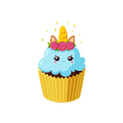 Unicorn cupcake with shiny icing. Fairy kawaii cake in paper cup. Tasty dessert with horn, eyes, flowers and ears. Vector illustration in cute cartoon style