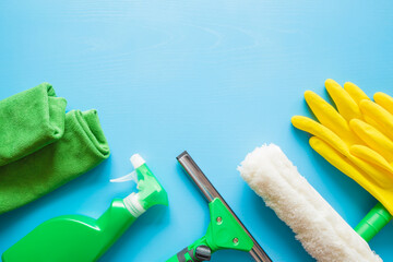 Professional cleaning set for window, mirror or other glass surfaces washing. Empty place for text...