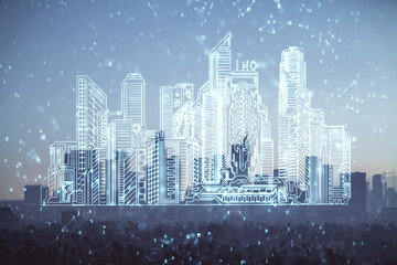 Double exposure of buildings hologram over cityscape background. Concept of smart city.