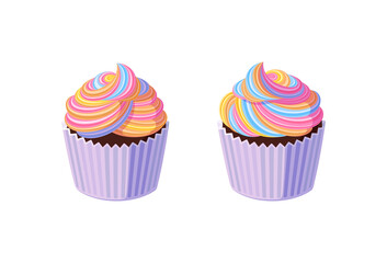 Cupcakes with swirled rainbow icing. Tasty muffins with colorful cream. Vector illustration in cute cartoon style