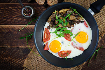 Tasty  breakfast - fried eggs, forest mushrooms, tomatoes and arugula. Lunch food. Top view, overhead, copy space