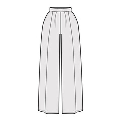 Pants skirt culotte gaucho technical fashion illustration with ankle floor length, oversize silhouette, side zipper. Flat bottom template front, grey color style. Women, men, unisex CAD mockup