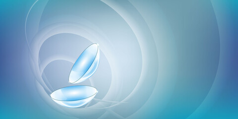 Medical blue background with 3d contact lenses for eye health. Medical science banner. Vector illustration.