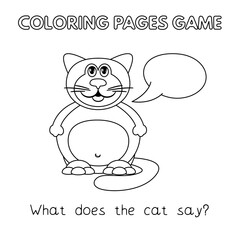 Funny fat cat kids learning game. Vector coloring book pages for children. What does the cat say