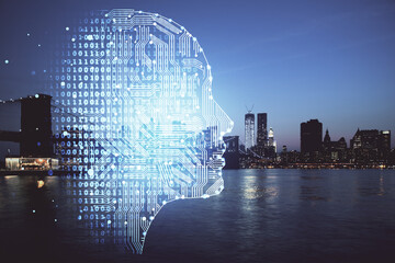 Brain hologram drawing on city scape background Double exposure. Brainstorming concept.