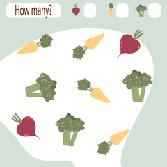 Children's game search in a cartoon style. Collection of children learning. Count how many items and write down the result. Preschool worksheet. Vector image. Vegetables