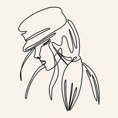 Abstract one line woman. A girl in a hat contour drawing. Modern minimal art illustration. Elegant continuous line poster.