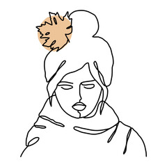 Minimal monoline girl in a scarf portrait. Autumn feelings, botanical details. Trendy continuous line illustration. Ideal poster for fashionable interior. 
