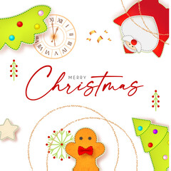 Merry Christmas cute design with Santa Claus, fir tree, clock, gingerbread man, garland and toys