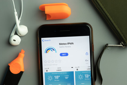New York, USA - 26 October 2020: Meteo IPMA mobile app icon logo on phone screen close-up, Illustrative Editorial