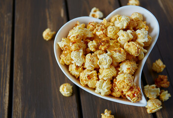 caramelized pop corn in a heart-shaped bowl