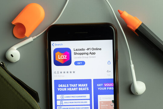 New York, USA - 26 October 2020: Lazada Online Shopping mobile app icon logo on phone screen close-up, Illustrative Editorial