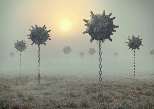 Realistic Underwater Mines In Grass Field With Fog And Sun. Surrealistic Concept Art. Abstract 3d Illustration.