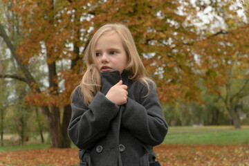 
child froze walking in the autumn park