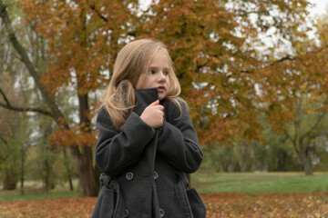 
child froze walking in the autumn park