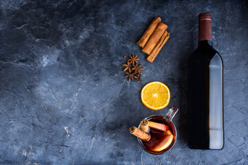 Mulled wine recipe ingredients on black chalkboard with text space - christmas or winter warming...