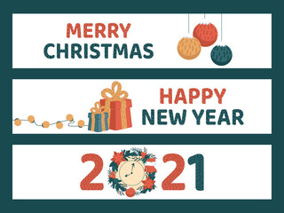 Set of three banners for Merry Christmas and Happy New Year celebration. Festive horizontal background for website, posters, headers, coupons. Vector illustration on light background.