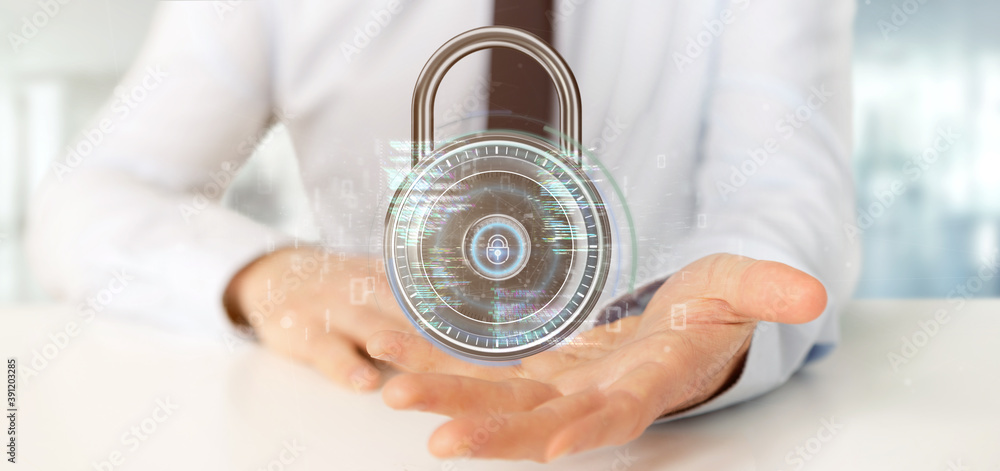Poster businessman holding a padlock and security data - 3d rendering