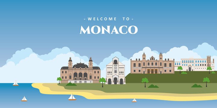 Panoramic view of Monaco with architectural building landmarks. Welcome to Monaco postcard. Travel and safari concept. European world travel sightseeing vacation vector illustration
