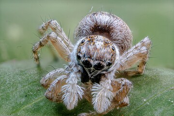 Fotografía macro de una araña sobre una hoja verde.