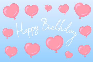 Fototapeta na wymiar HAPPY BIRTHDAY card with pink heart shaped balloons. Vector illustration.