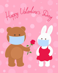 Obraz na płótnie Canvas Valentines Day card. Bear in mask give flower to rabbit. Vector illustration.