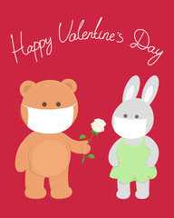 Valentines Day poster. Bear in mask give flower to bunny. Vector illustration.
