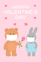 Valentines Day poster. Bear in mask give flower to rabbit. Vector illustration.