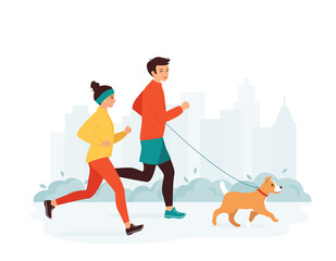 Young man and woman run in a city park with a dog. Family active healthy lifestyle concept, leisure activity, weekend. Morning, evening jogging. Isolated vector illustration